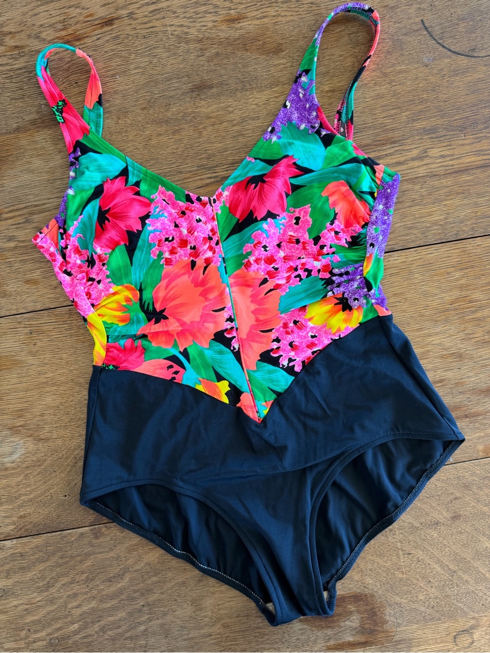 Vintage Catalina Black One-Piece Swimsuit with Bright Floral Print